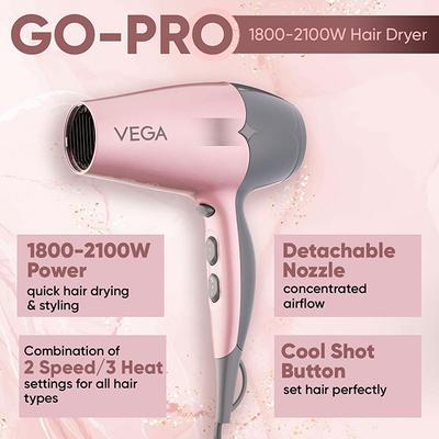 Vega Go Pro 2100W Professional Hair Dryer For Men & Women With 2 Speed/3 Temperature Settings, (Vhdh-25) - Hair Dryers