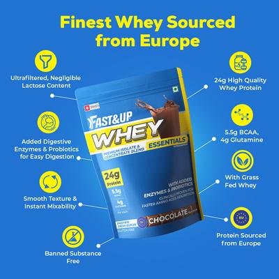 Fast&Up Whey Essentials Premium Isolate & Concentrate Blend - Chocolate Flavour 800 gm - Workout Essentials