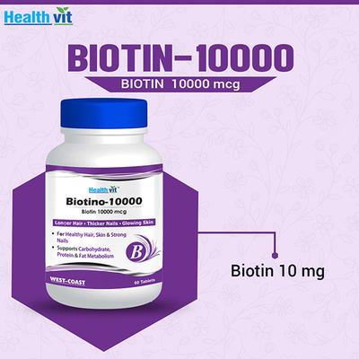 Healthvit Biotino-10000 Biotin 10000 mcg for Longer Hair, Glowing Skin and Thicker Nails - Tablets 60's - General Health