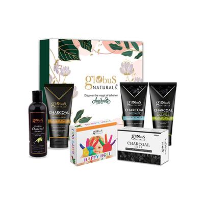 Globus Naturals Pre and Post Holi Ritual Ayurvedic Charcoal Skin Care Gift Box, for All Skin Types - Both Men and Women Face Wash 100gm, Face Scrub 100gm, Peel Off Mask 100gm, Charcoal Shampoo 250ml and Soap 100gm 1's - Makeup Kits & Sets