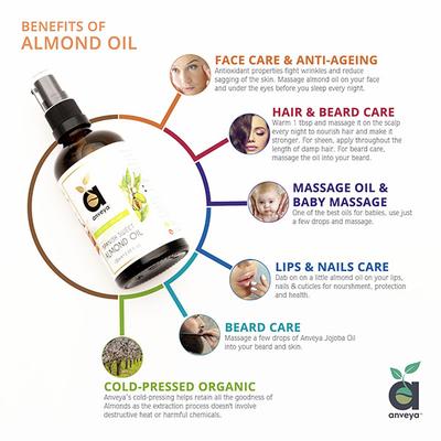Anveya Spanish Sweet Almond Oil, Cold - Pressed Organic 100 ml - Carrier Oils