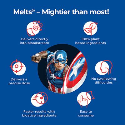 Wellbeing Nutrition Marvel Captain America Melts Kids Organic Multivitamin with Vitamin A B-Complex C D -30 Strips - Multi-Vitamins