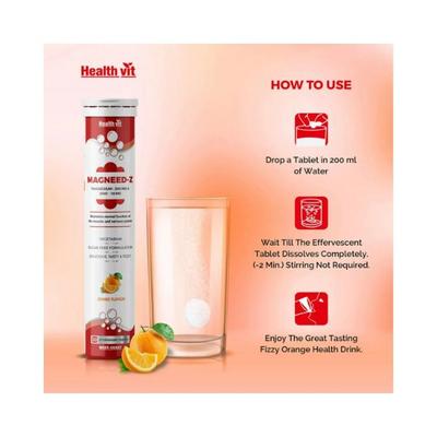 Healthvit Magneed-Z Magnesium 300mg and Zinc 10mg for Muscle Health - Effervescent Tablets (Orange Flavour) 20's - Calcium And Minerals