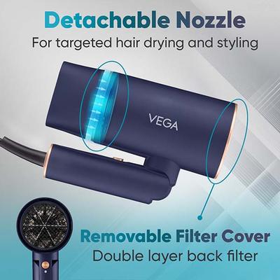 Vega Ionic 1400W Foldable Hair Dryer for Men and Women with 2 Heat/Speed Settings, (VHDH-35) 496 gm - Hair Dryers