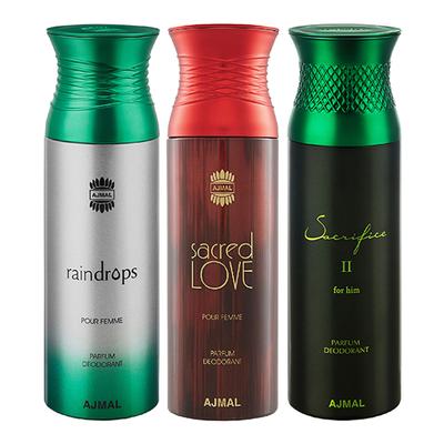 Ajmal Raindrops & Sacredlove & Sacrifice II Deodorant Spray - For Men & Women (Pack Of 3) 200 ml - Perfumes (Edt/Edp)