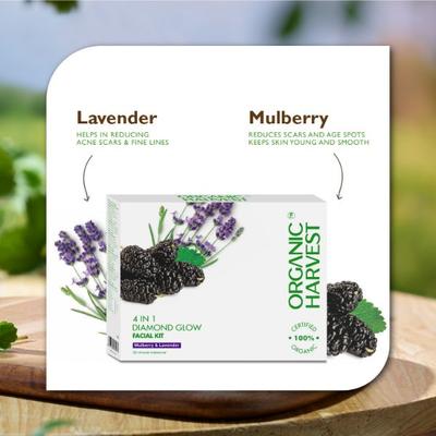 Organic Harvest 4-IN-1 Diamond Glow facial Kit Mulberry & Lavender 48gm each 4s - Facial Kits