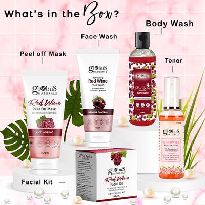 Globus Naturals Red Wine Festive Glow Gift Box - Face Wash 75gm, Peel Off Mask 100gm, Facial Kit 40gm and Body Wash 100gm, Rose Toner 100ml 1's - Makeup Kits & Sets