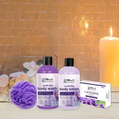 Globus Naturals Lavender Haven Essentials Bath and Body Gift Hamper, Box Includes - Lavender Body Wash 200ml, Lavender Lotion 200ml, Lavender Soap 100gm, Loofah 1's - Creams, Lotions & Oils