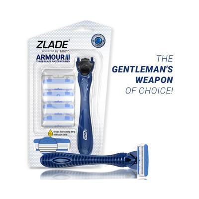 Zlade Armour III Triple-Blade Razor for Men - 1 Razor Handle + 4 Cartridges Broad Lubricating Strip with Aloe Vera 1's - Razors & Cartridges