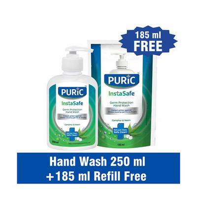 Puric InstaSafe Germ Protection Hand Wash - Camphor & Neem 250 ml (185 ml Refill Free) - Hand Wash & Soaps