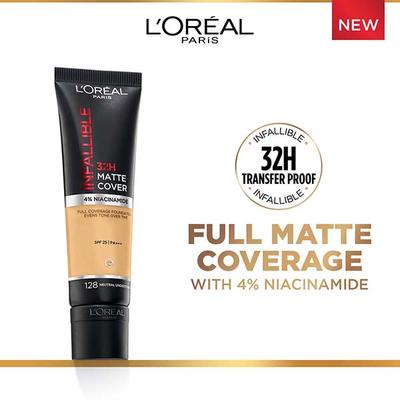 L'Oreal Paris Infallible 32H Matte Cover Liquid Foundation - 128 Neutral Undertone 30 ml - Foundation