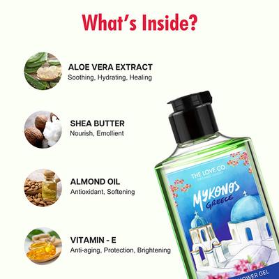 The Love Co. Mykonos Greece Body Wash - Daily Skin Moisture For Men and Women - Intense Hydration For Dry Skin 250 ml - Shower Gels & Body Wash