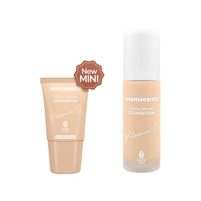 Mamaearth Glow Serum Foundation Mini Tube with Vitamin C & Turmeric for 12-Hour Long Stay- 02 Creme Glow 12-Hour Long Stay, 2X Instant Glow 18 ml - Foundation
