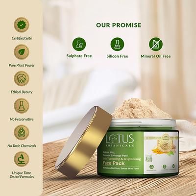Lotus Botanicals Multani Mitti, Turmeric, Orange Peel Skin Tightening & Brightening Face Pack 120 gm - Masks & Peels
