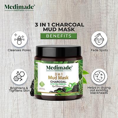 Medimade Charcoal With Tea Tree Oil 3 In 1 Mud Mask 100 gm - Masks & Peels