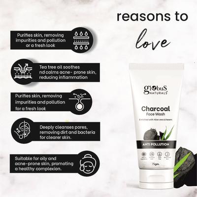 Globus Naturals Anti Pollution Charcoal Face Wash, Enriched with Tea Tree Oil, for Oily and Acne Prone Skin, 75gm - Face Wash & Cleansers