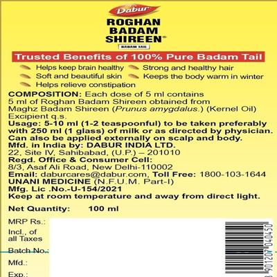 Dabur Roghan Badam Shireen Badam Tail 100 ml (Free Dabur Honey 100 g) 1's - Personal Care (Ayush)