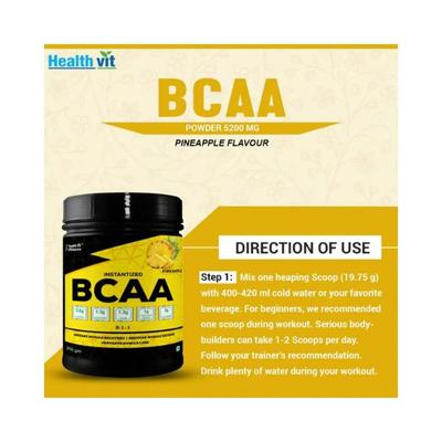 Healthvit Fitness 100% Micronized BCAA 5200mg 2-1-1 with L-Glutamine and L-Citrulline Malate, (10 Servings) Pineapple Flavour Keto Friendly, Caffeine Free 200 gm - General Health