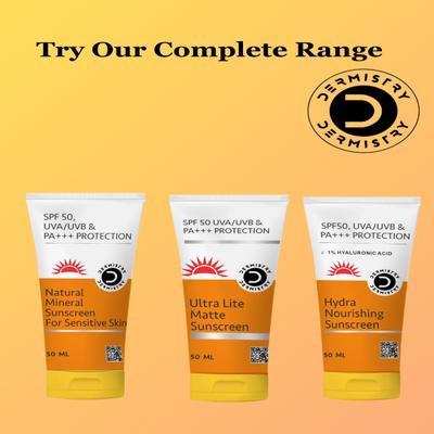 Dermistry Natural Mineral Sunscreen SPF 50 UVA UVB PA+++ Protection - Sensitive Skin 50 ml + 1% Hyaluronic Acid Hydra Nourishing Sunscreen SPF 50 UVA UVB PA+++ Protection 50 ml - Face Sunscreen