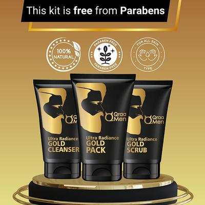 Qraa Men Ultra Radiance Gold Kit for Men- with 24K Gold, For Anti-Ageing and Instant Glow (Wash, Scrub and Pack) 1's - Face Washes