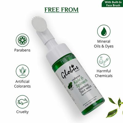 Globus Naturals Kale & Spinach Anti- Aging Foaming Face Wash With Silicon Face Massage Brush 150 ml - Face Wash & Cleansers