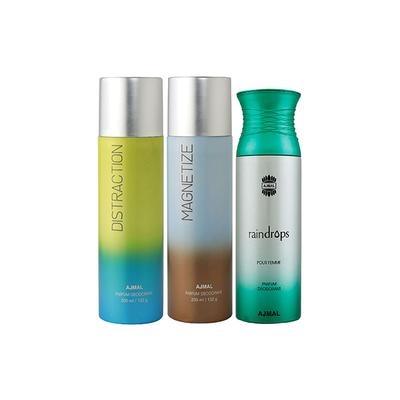 Ajmal Distraction And Magnetize For Men & Women And Raindrops Femme Deodorants Pack of 3 200 ml - Deodorants/Roll-Ons