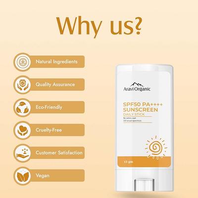 Aravi Organic Spf 50 Pa++++ Sunscreen Stick Uva-B Radiation With Lightweight and Natural Finish 13 gm - Body Sunscreen