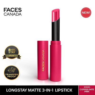 Facescanada Long Stay 3-In-1 Matte Lipstick Primer + Lip Balm Chamomile and Shea Butter Coffee Date Pink 02, 2gm - Lipsticks