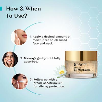 Pilgrim 24K Gold Lightweight Gel Face Moisturizer with Hyaluronic Acid and Alpha Arbutin 50 gm - Face Moisturizers