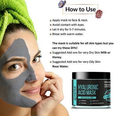 Matra Hyaluronic Acid Mask for face, acne & blackheads - with Dead Sea Mud - Free Face Mask Brush - Facial Exfoliator, Cleanser, Acne Reduction treatment 100 gm - Face Packs