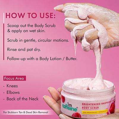 mCaffeine Brightening Raspberry Body Scrub - Tan Removal, AHAs Lactic and Glycolic Acid, Vit C Rich 175 gm - Scrubs & Exfoliants