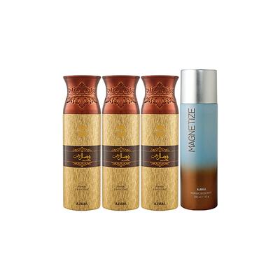 Ajmal 3 Wisal Dhahab And 1 Magnetize Deodorants Pack of 4 200 ml - Deodorants/Roll-Ons