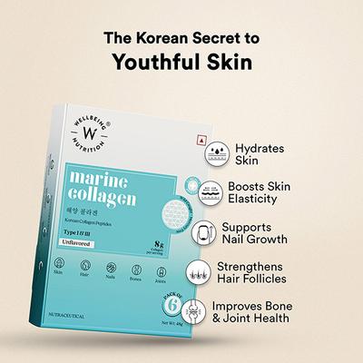 Wellbeing Nutrition Pure Korean Marine Collagen Supplements for Women and Men, Clinically Proven Type 1 and 3 Hydrolyzed Peptides Unflavored - 6 Sachets 48 gm - Multi-Vitamins