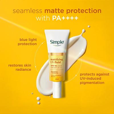 Simple Mattifying UV Fluid SPF 50 PA++++ with Niacinamide| Sunscreen for oily & sensitive skin, 40ml - Body Sunscreen