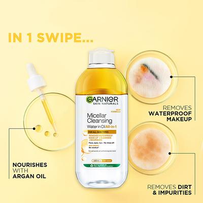Garnier Skin Naturals, New Formula Micellar Cleansing Water In Oil All In-1 For All Skin Types 400ml - Make Up Removers