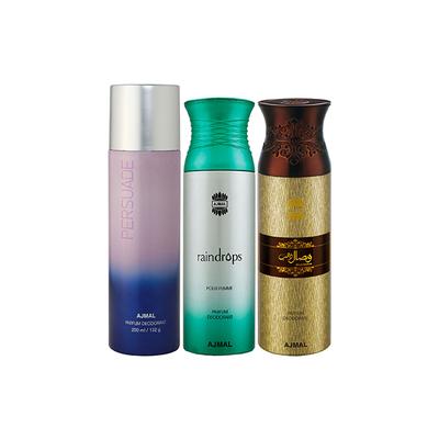 Ajmal 1 Persuade, 1 Raindrops Femme And 1 Wisal Dhahab Deodorants Pack of 3 200 ml - Deodorants/Roll-Ons