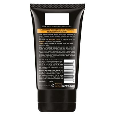 Garnier Men Turbo Bright 2 In 1 Anti Pollution Double Action Black Charcoal Vitamin C Face Wash 150gm - Face Washes
