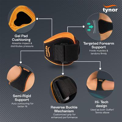 Tynor Tennis/Golfers Elbow Support Pro (UN) - Black & Orange - Arm/Elbow Supports