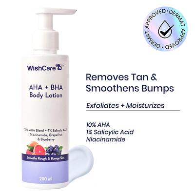 WishCare 10% AHA + 1% BHA Body Lotion - Smooths Rough & Bumpy Skin - With NiacinamiderapeFruit & Blueberry 200 ml - Lotions & Creams