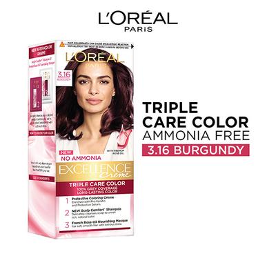 L'Oreal Paris No Ammonia Excellence Creme Tripple Care Color With French Rose Oil 3.16 Burgundy, (25gm + 25ml) 1's - Crème