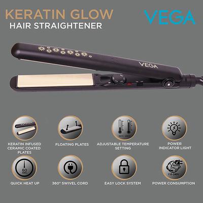 Vega Keratin Glow Hair Straightener Temperature Control and Ceramic Coated Plates (VHSH-20), Black 1's - Straighteners