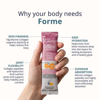 Briyo Forme Collagen + Hyaluronic Acid Structural Support Drink Mix Sugar Free Sachets - Orange Flavour (Pack of 10 x 11.6 g) - Nutritional Supplement