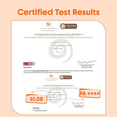 Aravi Organic Oil-Free Fluid Sunscreen Serum SPF 50++++ with Hyaluronic Acid, Vitamin C, Niacinamide 50 ml - Face Sunscreen