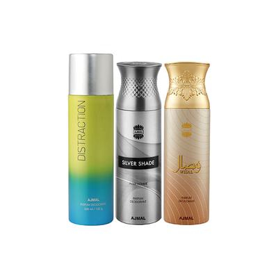 Ajmal 1 Distraction, 1 Ajmal Silver Shade And 1 Wisal Deodorants Pack of 3 200 ml - Deodorants/Roll-Ons
