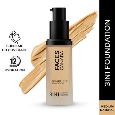 Faces Canada Flawless Matte Foundation - Medium Natural 022, 12 Hr Hydration + SPF 18 30 ml - Foundation