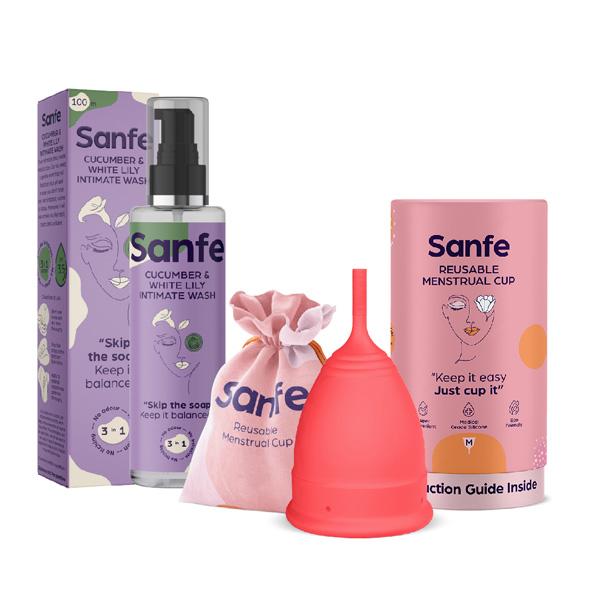 Netmeds | Sanfe Worry Free Set (Reusable Menstrual Cup - Medium and Intimate Wash - Cucumber & White Lily 100 ml)