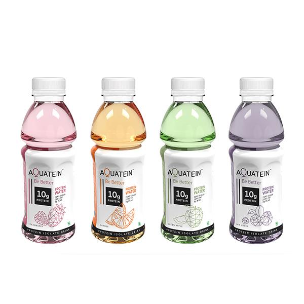 Netmeds | AQUATEIN Protein Water - Strawberry, Orange, Green Apple, Mix Berry Flavour (Pack of 4 x 500 ml)