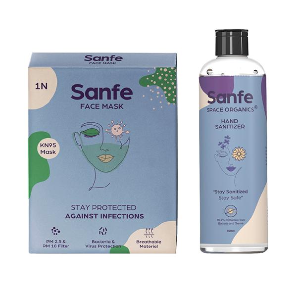 Netmeds | Sanfe Safe & Healthy Combo (Sanfe KN95 Face Mask + Sanfe Space Organics Hand Sanitizer 500 ml)