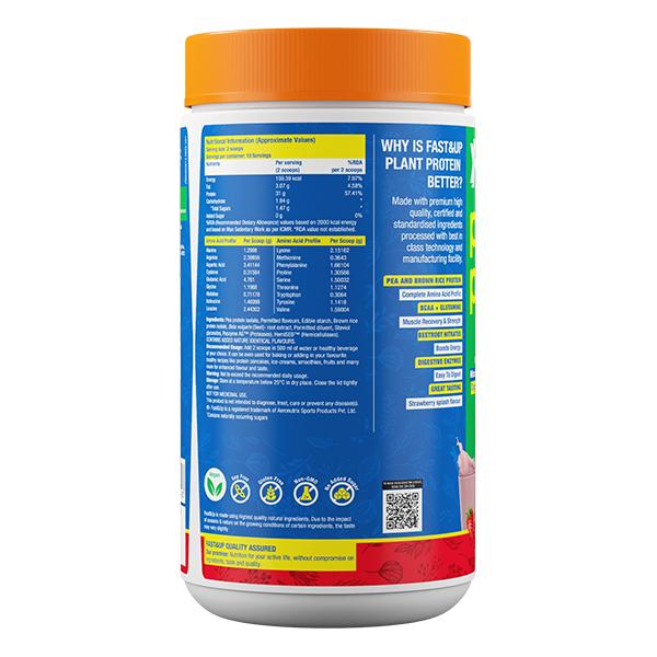 Fast&Up Vegan Plant Protein Powder - Strawberry Splash Flavour 440 gm - Workout Essentials