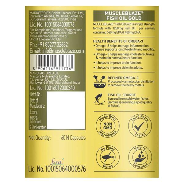 MuscleBlaze Fish Oil Gold Capsule 60's - Omega Fish Oil Fatty Acids